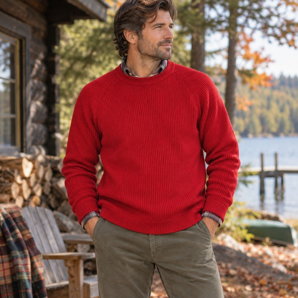 Vintage L.L.Bean Sweater 100% Wool Red Ribbed Chunky Crewneck Men's M Hong Kong